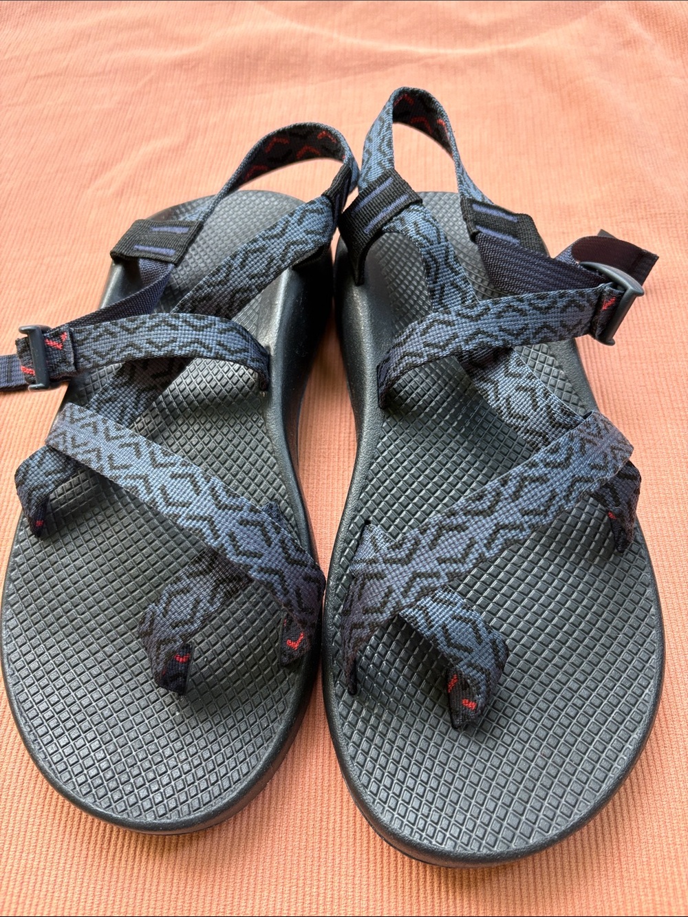 Chaco Men's Black and Dark Blue Patterned Strappy Sandals